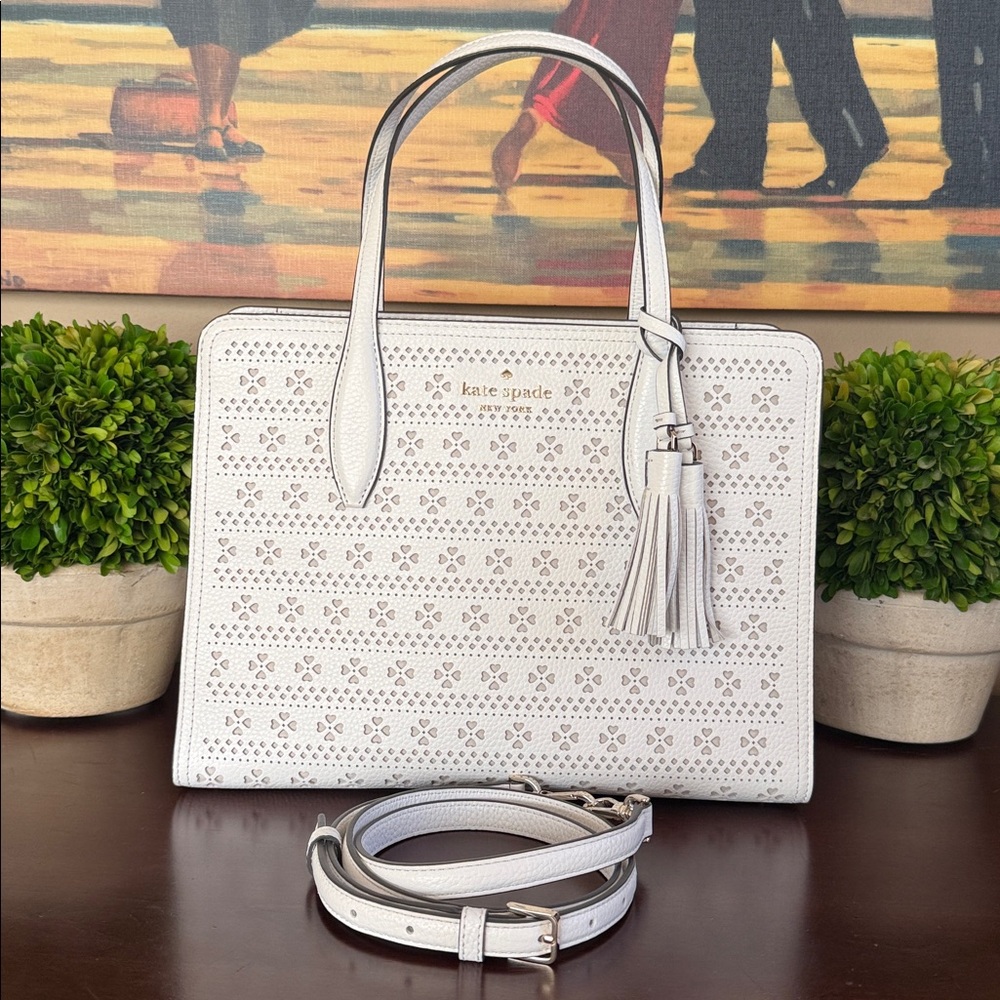 KATE SPADE ♠️ New York 🤍Rowe🤍 WHITE PERFORATED TOP ZIP SATCHEL BAG 🌟EUC🌟 - Picture 16 of 17